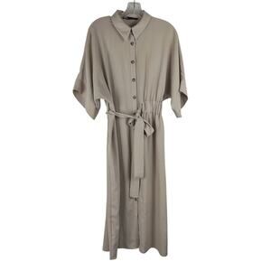 Zara Belted Shirt Dress Size Small Tan Short Dolman Sleeve Ruched Side Waist